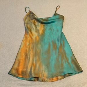 12th Tribe Tie Dye Satin Cowl Neck Mini Dress Teal Orange Gold M